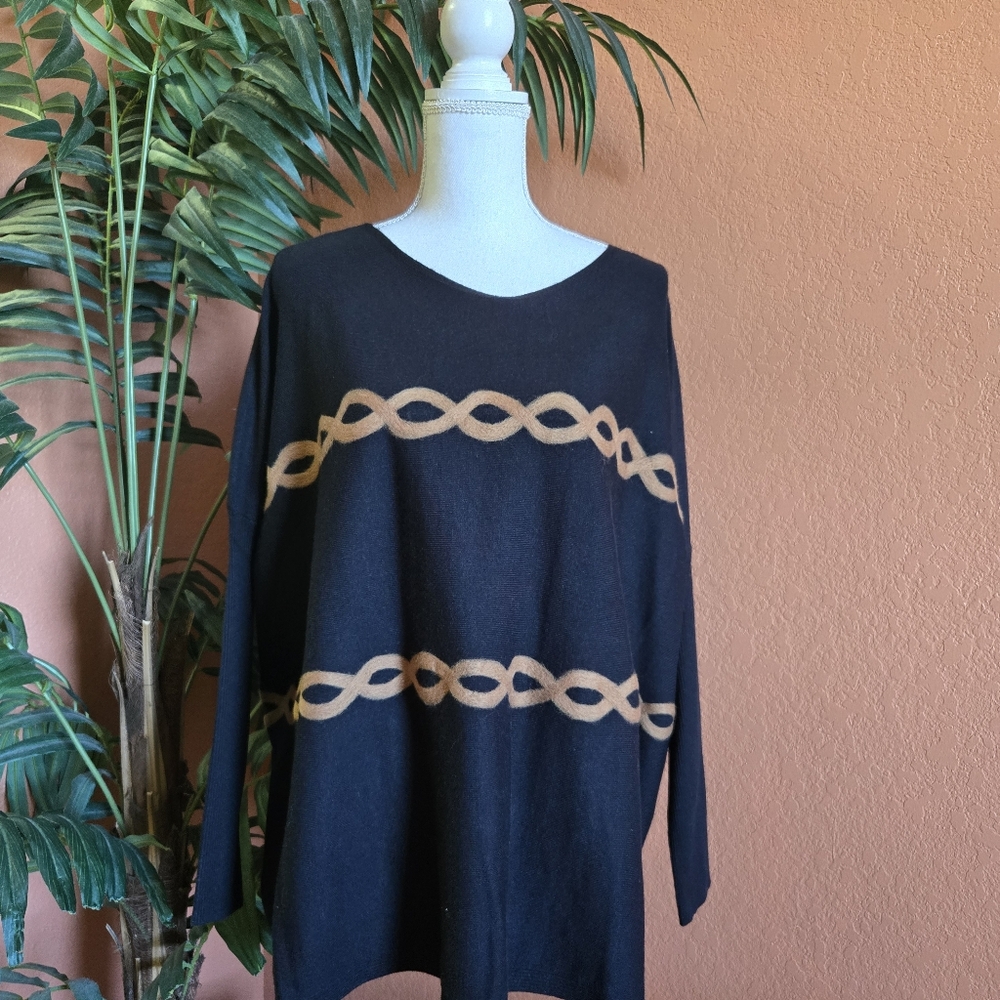 Aeda Soft Sweater Black Tan Chain Knit Stripe Tapered Ribbed Sleeves XL Classic
